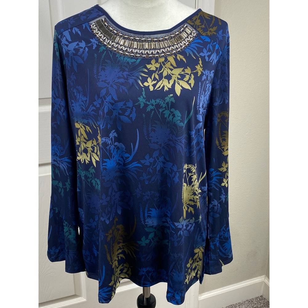 Susan Graver Artisan Women's Large Blouse Embellished Floral Print Long Sleeve
